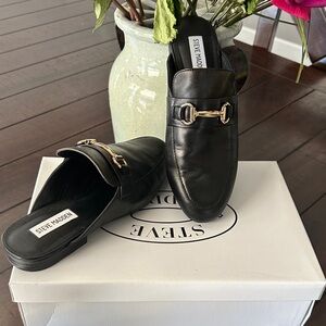Steve Madden Black Leather Mules with Gold Bit Hardware